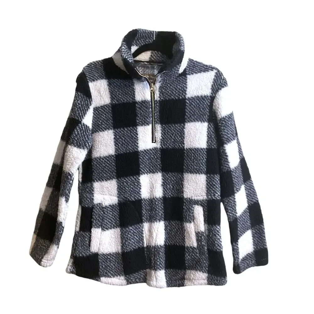 Victory Outfitters 1/4 Zip Black White Buffalo Plaid Fleece Pullover Top Size‎ M